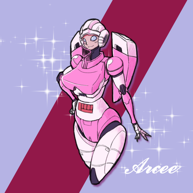 1girl alien arcee blue_eyes breasts humanoid_robot large_breasts mastermax panties pink_panties robot solo transformers underwear