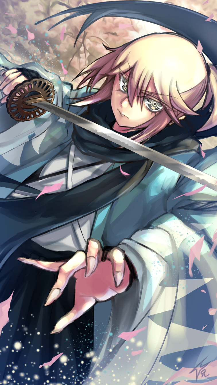 1girl blonde_hair cherry_blossoms fate/grand_order fate_(series) haori highres japanese_clothes katana kimono koha-ace okita_souji_(fate) shinsengumi solo sword weapon yellow_eyes