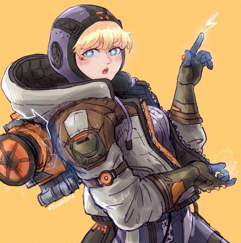1girl :o apex_legends bangs black_gloves blonde_hair blue_eyes blush bodysuit breasts bright_pupils electricity english_commentary eyebrows_hidden_by_hair from_side gloves grey_jacket hood hooded_jacket jacket leaning_back looking_at_viewer medium_breasts open_mouth pointing purple_bodysuit purple_headwear ribbed_bodysuit ryosharke solo wattson_(apex_legends) white_pupils