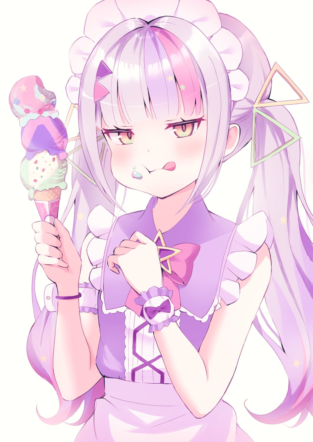 1girl apron bangs blunt_bangs blush bow commentary_request dress eating eyelashes flat_chest food food_in_mouth frilled_dress frilled_sleeves frills hair_ornament hands_up highres hololive ice_cream ice_cream_cone licking_lips long_hair looking_at_viewer maid_headdress multicolored_hair murasaki_shion official_alternate_costume orange_eyes pink_bow pink_hair purple_hair shadow shiny shiny_hair short_sleeves sidelocks simple_background sktwoooo solo streaked_hair tongue tongue_out twintails upper_body virtual_youtuber white_background