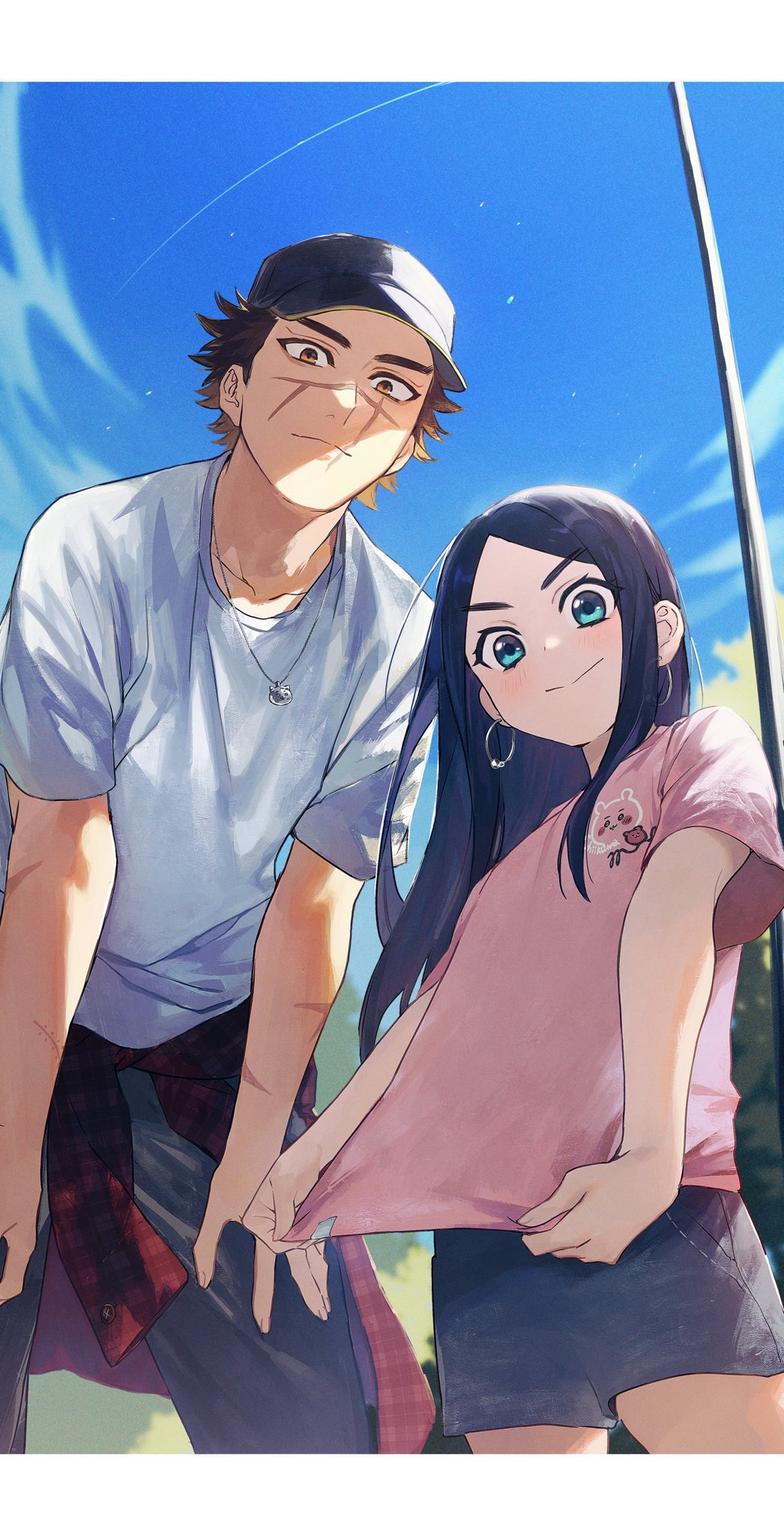 1boy 1girl alternate_costume asirpa bangs black_shorts blue_hair blue_shirt blue_sky blush brown_eyes brown_hair closed_mouth clothes_around_waist clouds cloudy_sky collarbone commentary_request contemporary dark_blue_hair day denim denim_shorts earrings fingernails framed golden_kamuy green_eyes grey_pants hat height_difference highres hoop_earrings jacket jacket_around_waist jewelry long_hair looking_at_viewer multiple_scars outdoors oziozi_kamuy pants parted_bangs pendant pink_shirt scar scar_on_arm scar_on_cheek scar_on_face scar_on_mouth scar_on_nose shaded_face shirt short_hair short_sleeves shorts sky smile standing sugimoto_saichi sun t-shirt