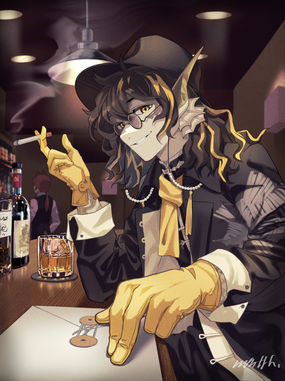 1boy alcohol arknights bar bishounen brown_eyes brown_hair cigarette envelope glass glasses gloves hat highres holding holding_cigarette indoors lamp lee_(arknights) male_focus memetaroh sitting smile smoking solo table upper_body whiskey wine yellow_gloves