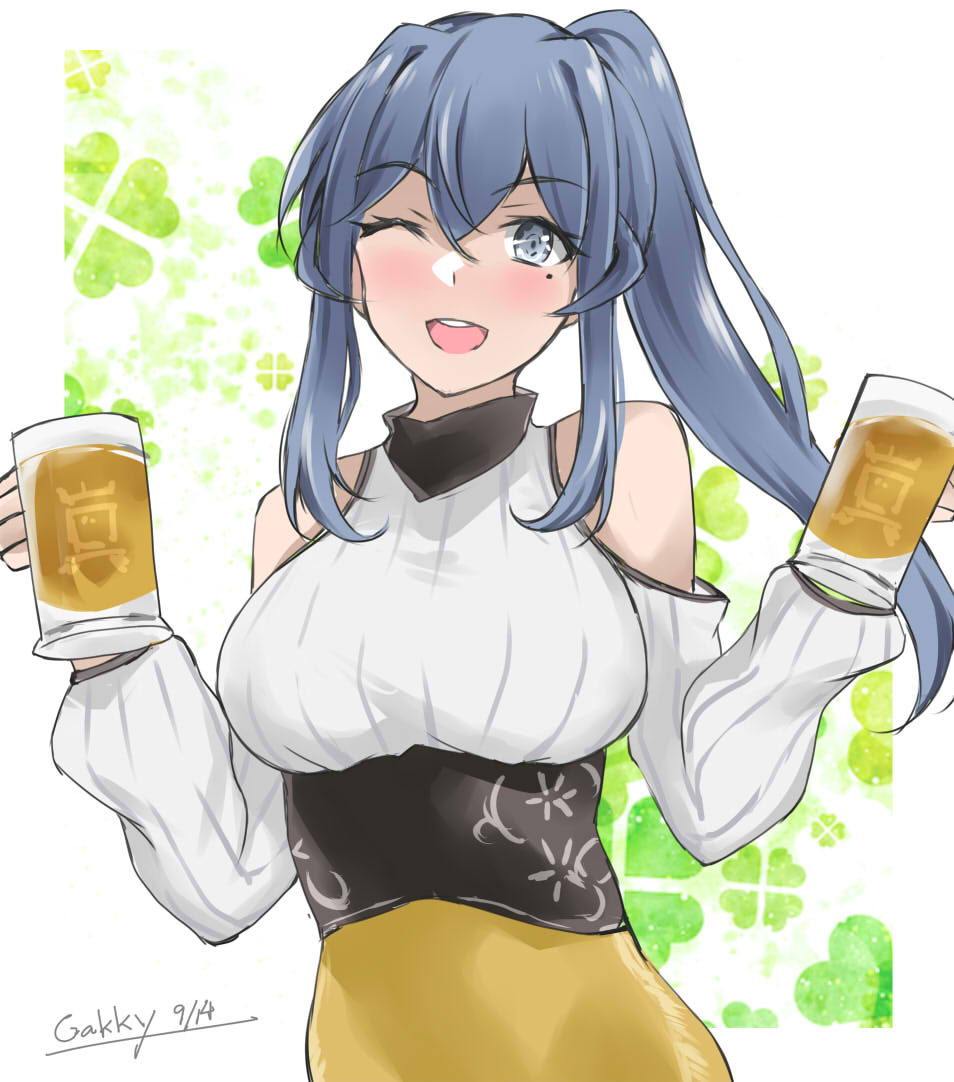 1girl alcohol beer beer_mug blue_eyes blue_hair commentary_request cowboy_shot cup detached_sleeves gakky gotland_(kancolle) hair_bun holding kantai_collection long_hair mole mole_under_eye mug official_alternate_costume one-hour_drawing_challenge one_eye_closed open_mouth ponytail ribbed_sweater round_teeth single_hair_bun skirt smile solo sweater teeth upper_teeth yellow_skirt