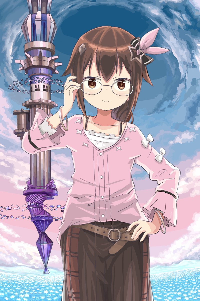 1girl adjusting_eyewear belt bra_strap bracelet braid braided_ponytail brown_eyes brown_hair brown_skirt commentary english_commentary field flat_chest floating_castle flower flower_field glasses hair_ornament hand_on_hip highres hololive jewelry sixten skirt sky smile solo star_(symbol) star_hair_ornament tokino_sora virtual_youtuber