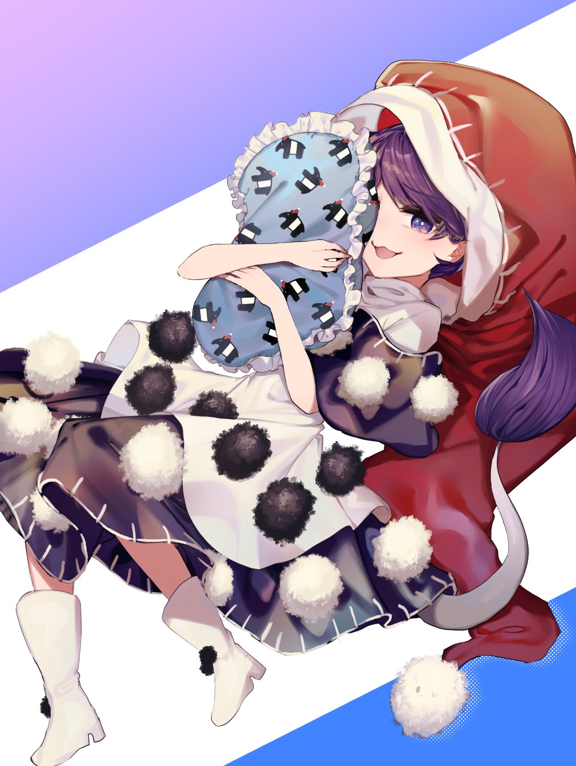 1girl black_capelet blue_eyes blue_hair blush boots capelet doremy_sweet dress hat high_heel_boots high_heels highres holding holding_pillow ishikawa_sparerib multicolored_clothes multicolored_dress nightcap open_mouth pillow pom_pom_(clothes) red_headwear short_hair smile solo tail tapir_tail touhou white_footwear