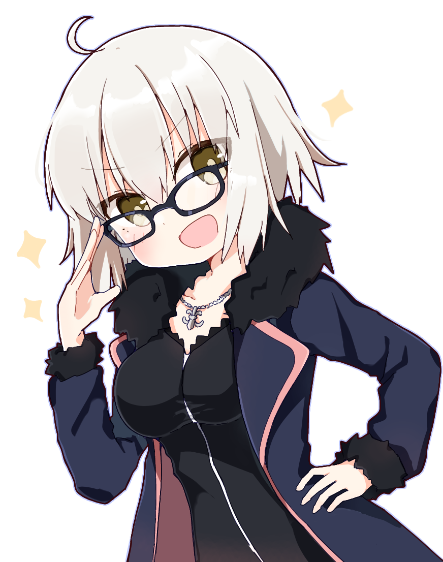 1girl :d adjusting_eyewear black_dress blush breasts chibi coat dress fate/grand_order fate_(series) full-length_zipper fur-trimmed_coat fur_trim glasses grey_hair hand_on_hip jeanne_d'arc_alter_(fate) jeanne_d'arc_alter_(ver._shinjuku_1999)_(fate) jewelry large_breasts long_sleeves necklace official_alternate_costume rabiiandrain short_dress short_hair smile solo v-shaped_eyebrows white_background yellow_eyes zipper