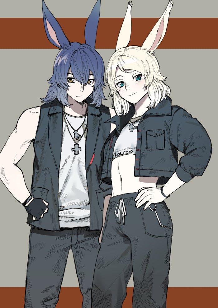2boys androgynous animal_ears blonde_hair blue_hair brown_eyes commentary_request crop_top denim denim_jacket expressionless final_fantasy final_fantasy_xiv fingerless_gloves gloves green_eyes hair_between_eyes hand_on_hip jacket jewelry light_smile long_sleeves looking_at_viewer male_focus medium_hair multiple_boys navel necklace niboshi_kom rabbit_ears shirt simple_background sleeveless viera white_shirt