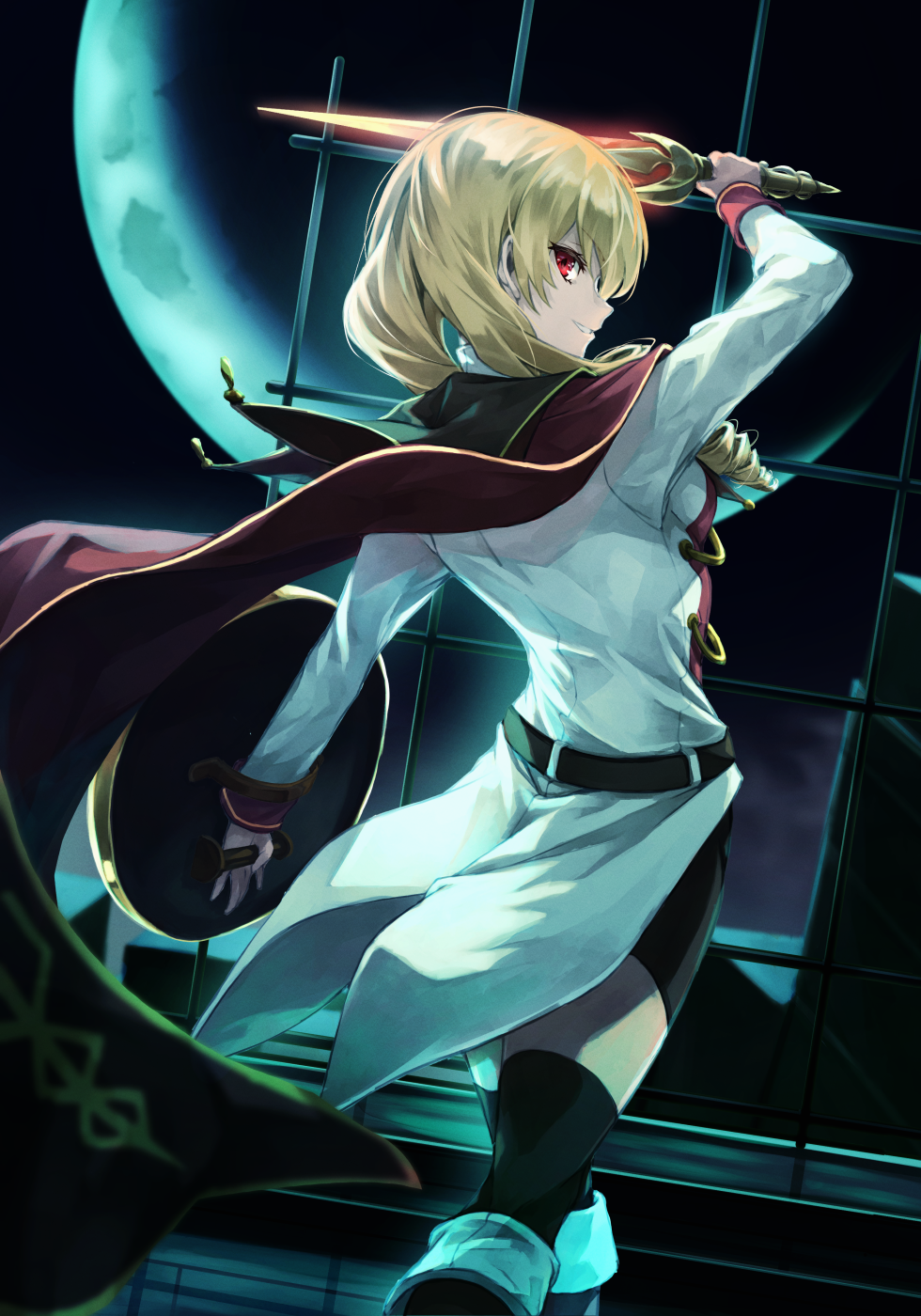 1girl belt bike_shorts blonde_hair breasts cape crescent_moon drill_hair erika_wagner formal from_behind highres holding holding_shield holding_sword holding_weapon long_hair moon night night_sky online_neet red_eyes shield simple_background sky small_breasts solo sword thigh-highs twin_drills twintails under_night_in-birth weapon white_background wind wind_lift zettai_ryouiki