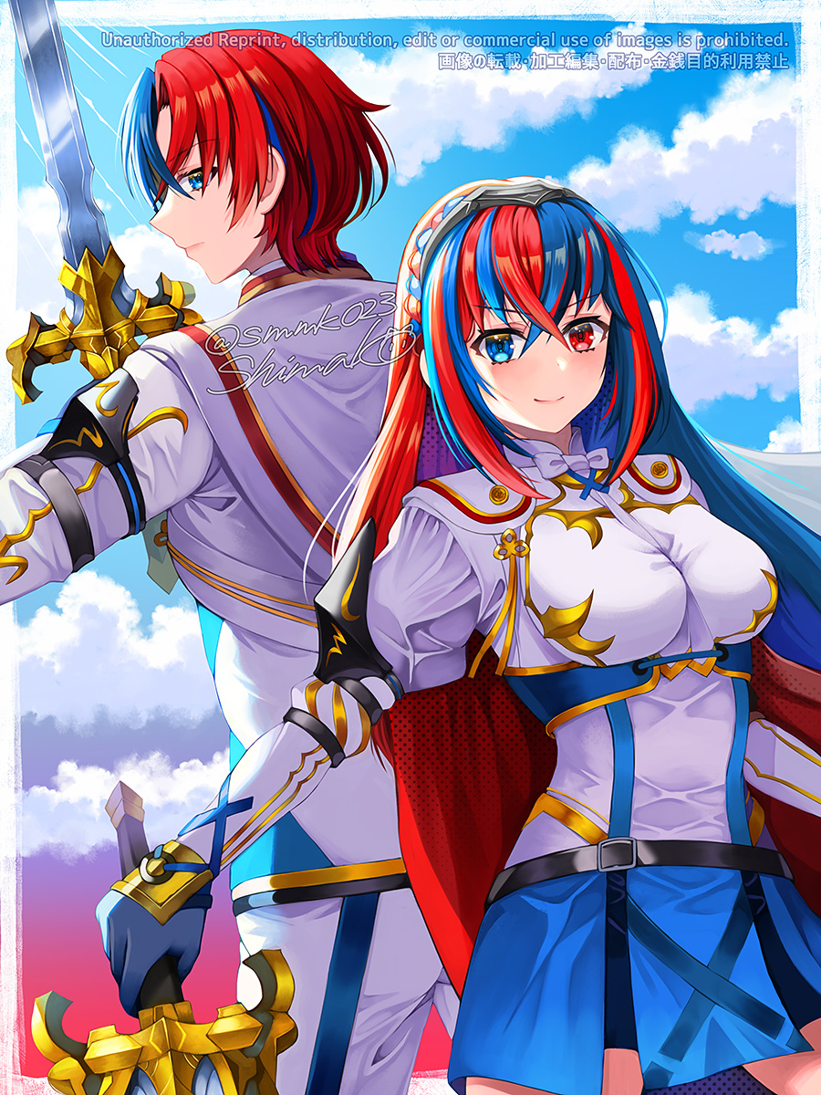 1girl alear_(fire_emblem) alear_(fire_emblem)_(female) alear_(fire_emblem)_(male) armor bangs blue_eyes blue_hair blush braid breasts crossed_bangs crown_braid fire_emblem fire_emblem_engage gloves heterochromia highres jewelry large_breasts long_hair looking_at_viewer medium_breasts multicolored_hair red_eyes redhead shimako_(smk023) smile two-tone_hair very_long_hair weapon