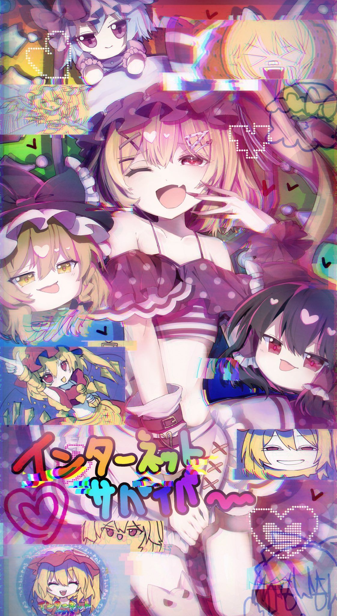 1girl ;d anya's_heh_face_(meme) apron arm_up bangs bare_shoulders black_headwear blonde_hair braid collarbone crystal crystal_wings fang fingernails flandre_scarlet frilled_apron frills hair_ornament hakurei_reimu hat hayuk0 heart highres holding holding_microphone index_finger_raised internet_survivor kirisame_marisa looking_at_viewer meme microphone mob_cap niconico one_eye_closed one_side_up open_mouth polka_dot polka_dot_skirt red_eyes red_nails remilia_scarlet sharp_fingernails single_braid single_thighhigh skin_fang skirt smile solo thigh-highs tongue tongue_out touhou waist_apron white_apron white_headwear white_thighhighs wings witch_hat x_hair_ornament yukkuri_shiteitte_ne