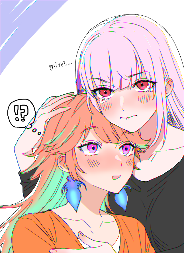 2girls blush earrings feather_earrings feathers gradient_hair hair_down hand_on_another's_head hands_on_another's_head hololive hololive_english hug jealous jewelry long_hair long_sleeves miyamoto_(dominocube6) mori_calliope multicolored_hair multiple_girls orange_hair pink_hair pout takanashi_kiara tearing_up virtual_youtuber yuri