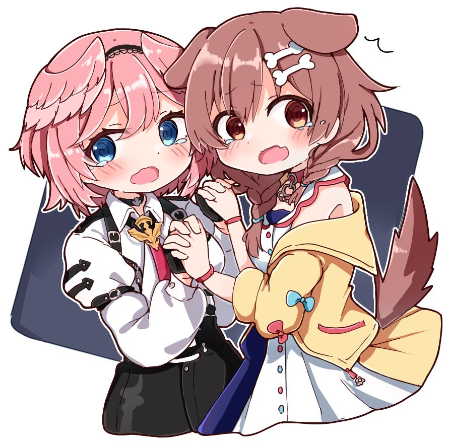 2girls @_@ animal_ears blue_eyes brown_eyes crying crying_with_eyes_open dog_ears dog_girl dog_tail head_wings holding_hands hololive interlocked_fingers inugami_korone jacket multiple_girls pink_hair rabiiandrain scared tail takane_lui tears twitter_username virtual_youtuber wide_sleeves yellow_jacket