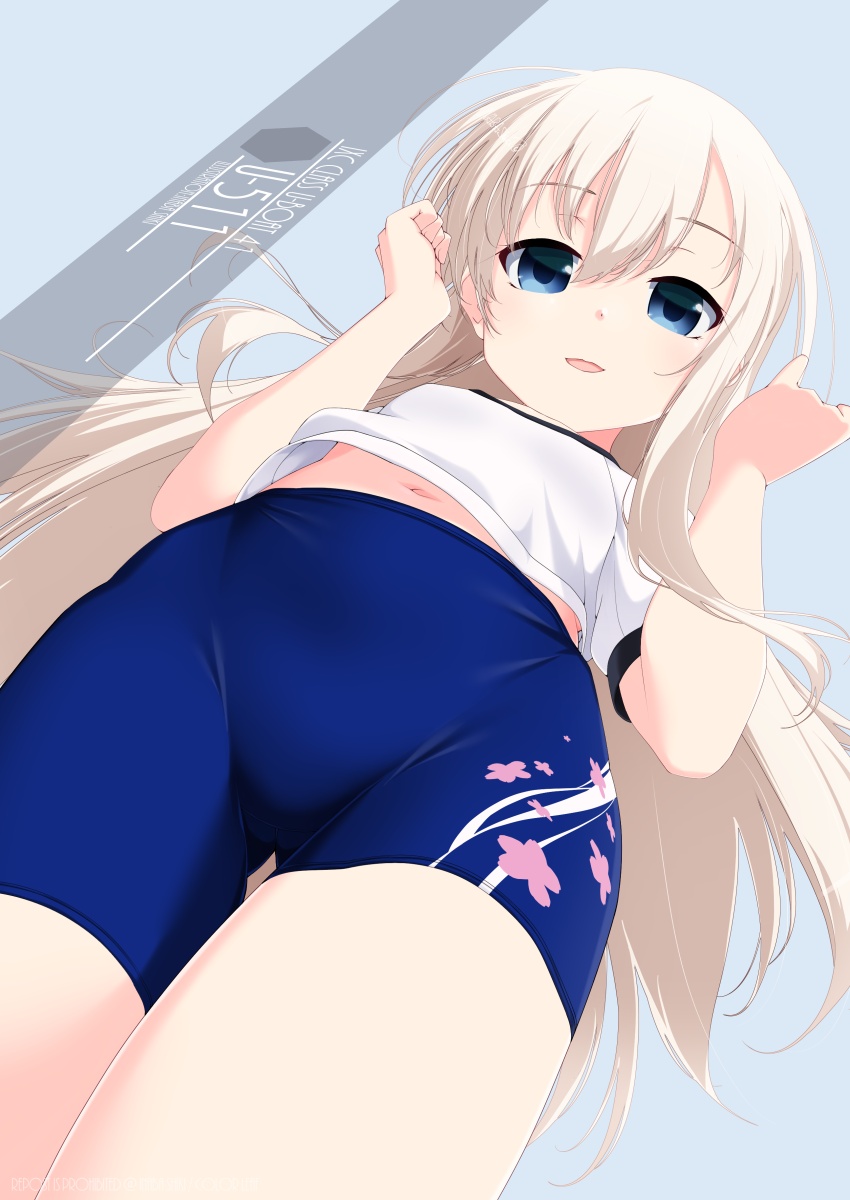 1girl artist_name ass_visible_through_thighs bike_shorts blonde_hair blue_eyes blue_shorts character_name commentary_request cowboy_shot from_below gym_shorts highres inaba_shiki kantai_collection long_hair looking_at_viewer shirt shorts solo t-shirt u-511_(kancolle) white_shirt