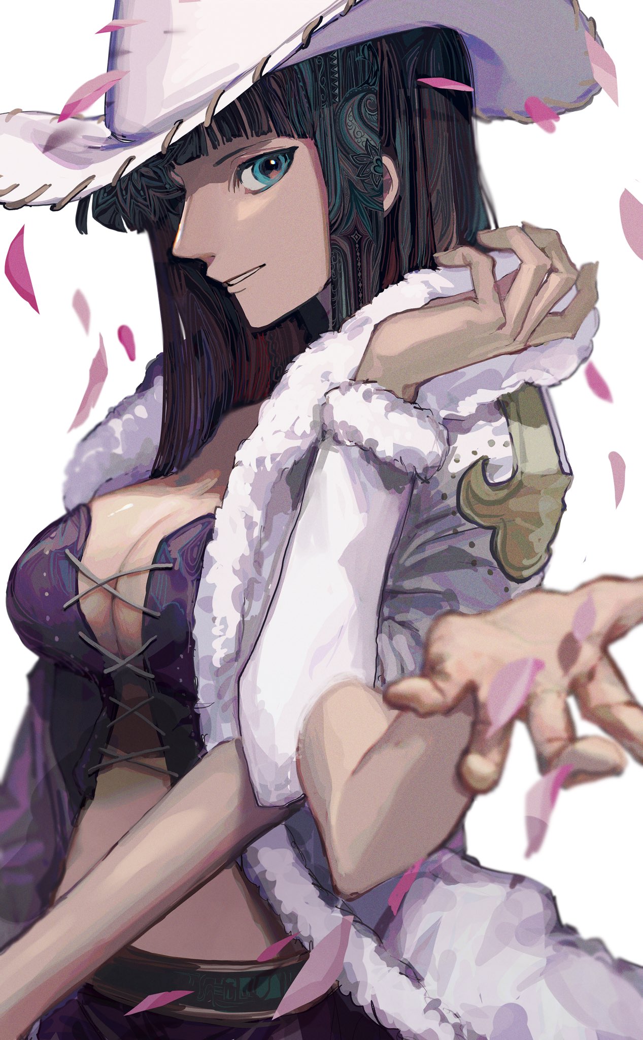 1girl bangs black_hair blue_eyes blunt_bangs coat corset cowboy_hat extra_arms from_side fur-trimmed_sleeves fur_coat fur_trim hands_up hat highres long_hair long_sleeves looking_at_viewer midriff nico_robin one_piece patterned_hair petals purple_corset smile solo white_background white_coat yadu_nadu