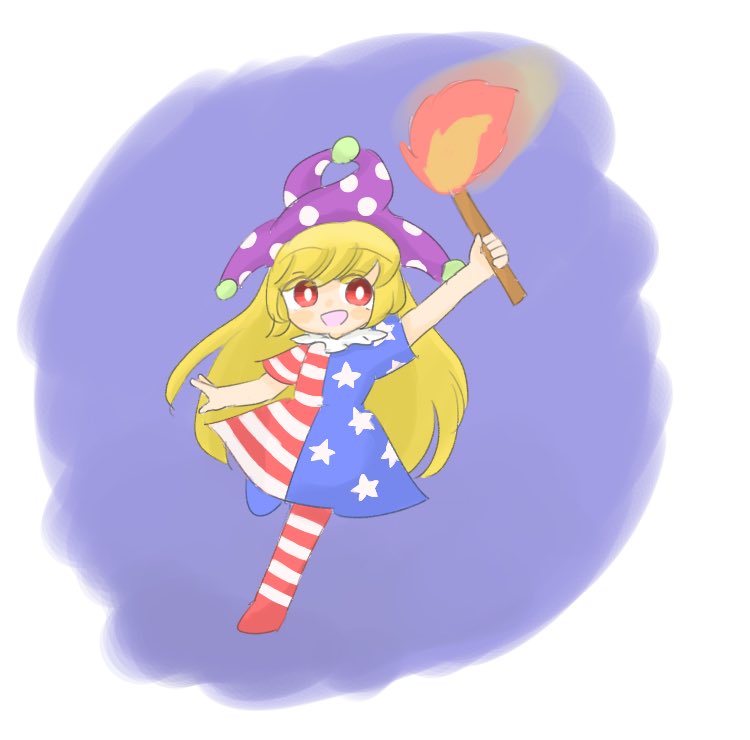 american_flag_dress american_flag_legwear asymmetry blonde_hair clownpiece dress full_body hat holding kigoto5 long_hair one-hour_drawing_challenge outstretched_arm pantyhose purple_background red_eyes short_sleeves star_(symbol) star_print striped striped_dress touhou