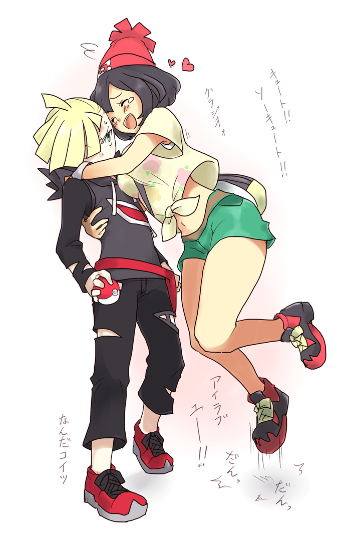 1boy 1girl bad_id bad_pixiv_id bag black_hair blonde_hair blush closed_eyes gladion_(pokemon) hat heart holding holding_poke_ball hood hoodie hug looking_at_another muu_(saynonomori) navel poke_ball poke_ball_(basic) pokemon pokemon_(game) pokemon_sm selene_(pokemon) short_hair shorts smile tearing_up torn_clothes