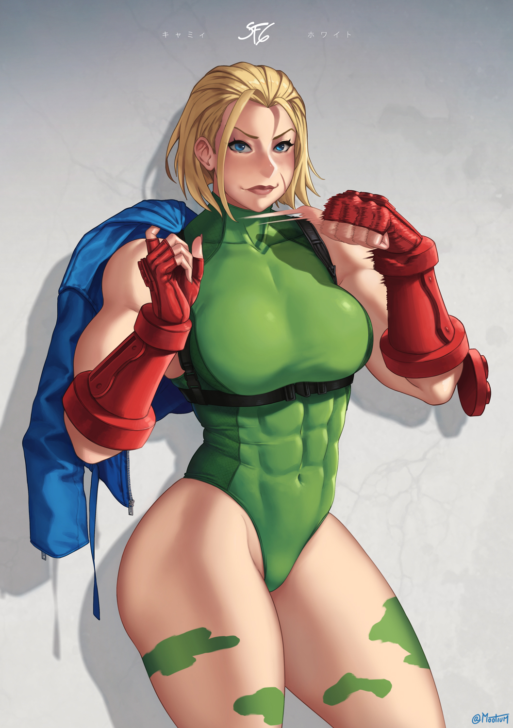 1girl ahoge blonde_hair blue_eyes blush bodypaint breasts cammy_white camouflage coat covered_abs covered_navel dress fingerless_gloves gauntlets gloves green_leotard hair_between_eyes highres holding holding_clothes holding_coat leotard looking_at_viewer messy_hair mootium scar scar_on_cheek scar_on_face short_hair simple_background smile solo street_fighter street_fighter_6 thighs thong_leotard unkempt
