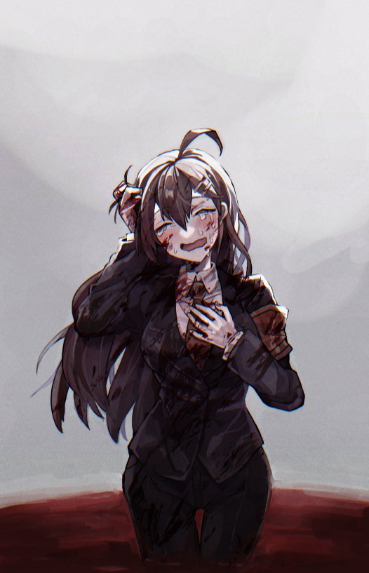 1girl ahoge armband black_jacket black_pants blood blood_in_hair blood_on_clothes blood_on_face blood_on_hands blush brown_hair closed_eyes crying hair_ornament hairclip hand_on_own_chest hod_(project_moon) holding holding_hair jacket lobotomy_corporation long_hair long_sleeves necktie open_mouth orange_necktie pants pool_of_blood project_moon shirt smile solo white_shirt wing_collar yono_neie