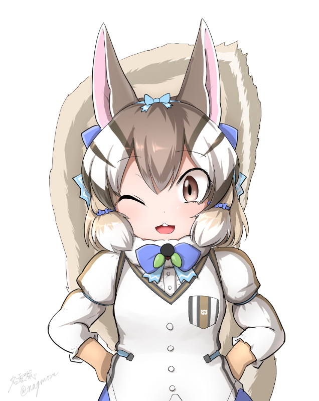 1girl animal_costume animal_ear_fluff animal_ears bow bowtie brown_eyes brown_hair chipmunk_ears chipmunk_girl chipmunk_tail extra_ears gloves kemono_friends kemono_friends_v_project looking_at_viewer microphone multicolored_hair one_eye_closed open_mouth ribbon shirt siberian_chipmunk_(kemono_friends) simple_background smile solo tail taurine_8000mg virtual_youtuber white_hair