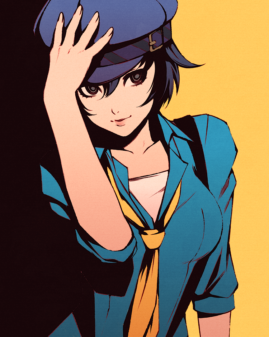 1girl bangs black_background black_eyes black_hair blue_headwear blue_shirt collared_shirt hair_between_eyes hand_on_headwear hat long_sleeves looking_at_viewer moshimoshibe necktie parted_lips persona persona_4 shirogane_naoto shirt short_hair smile solo two-tone_background upper_body yellow_background yellow_necktie