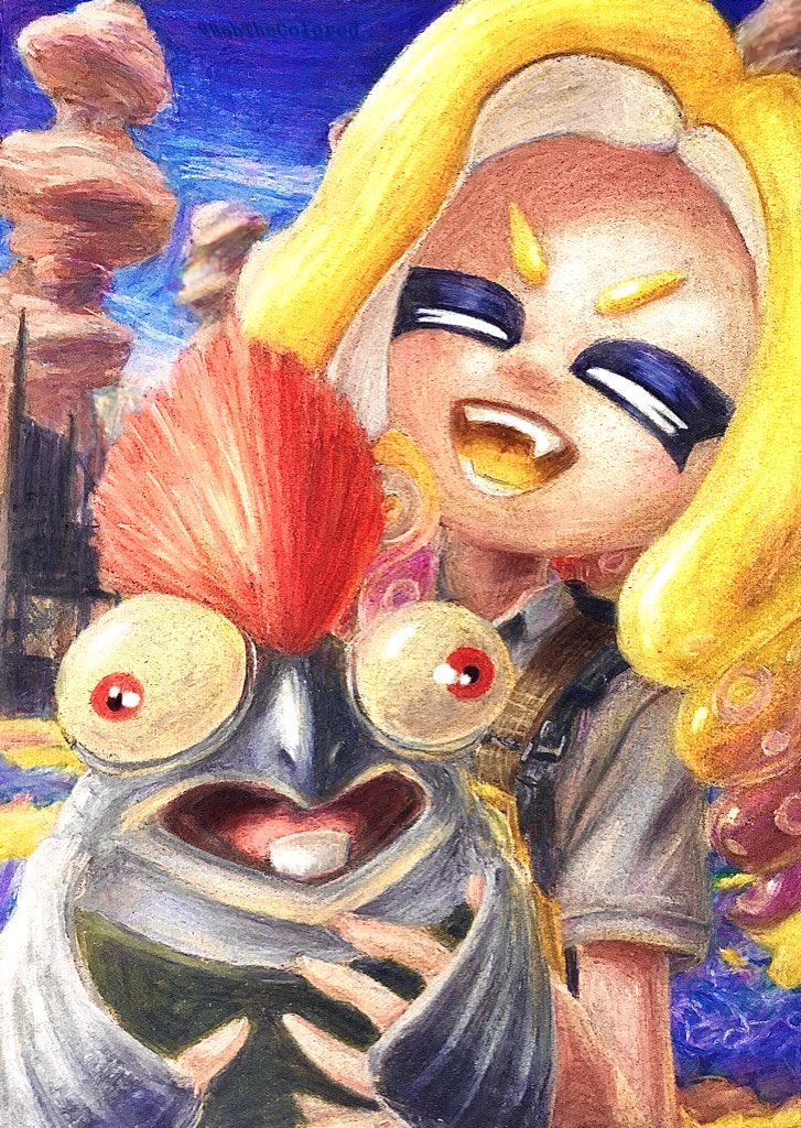 1girl :d blonde_hair blue_sky bobthecolored closed_eyes colored_pencil_(medium) colored_tongue day desert drill_hair fang gradient_hair holding little_buddy_(splatoon) long_hair multicolored_hair octoling octoling_girl outdoors purple_hair salmonid shirt short_sleeves sky smallfry_(splatoon) smile splatoon_(series) splatoon_3 teeth tentacle_hair traditional_media two-tone_hair v-shaped_eyebrows white_shirt yellow_tongue