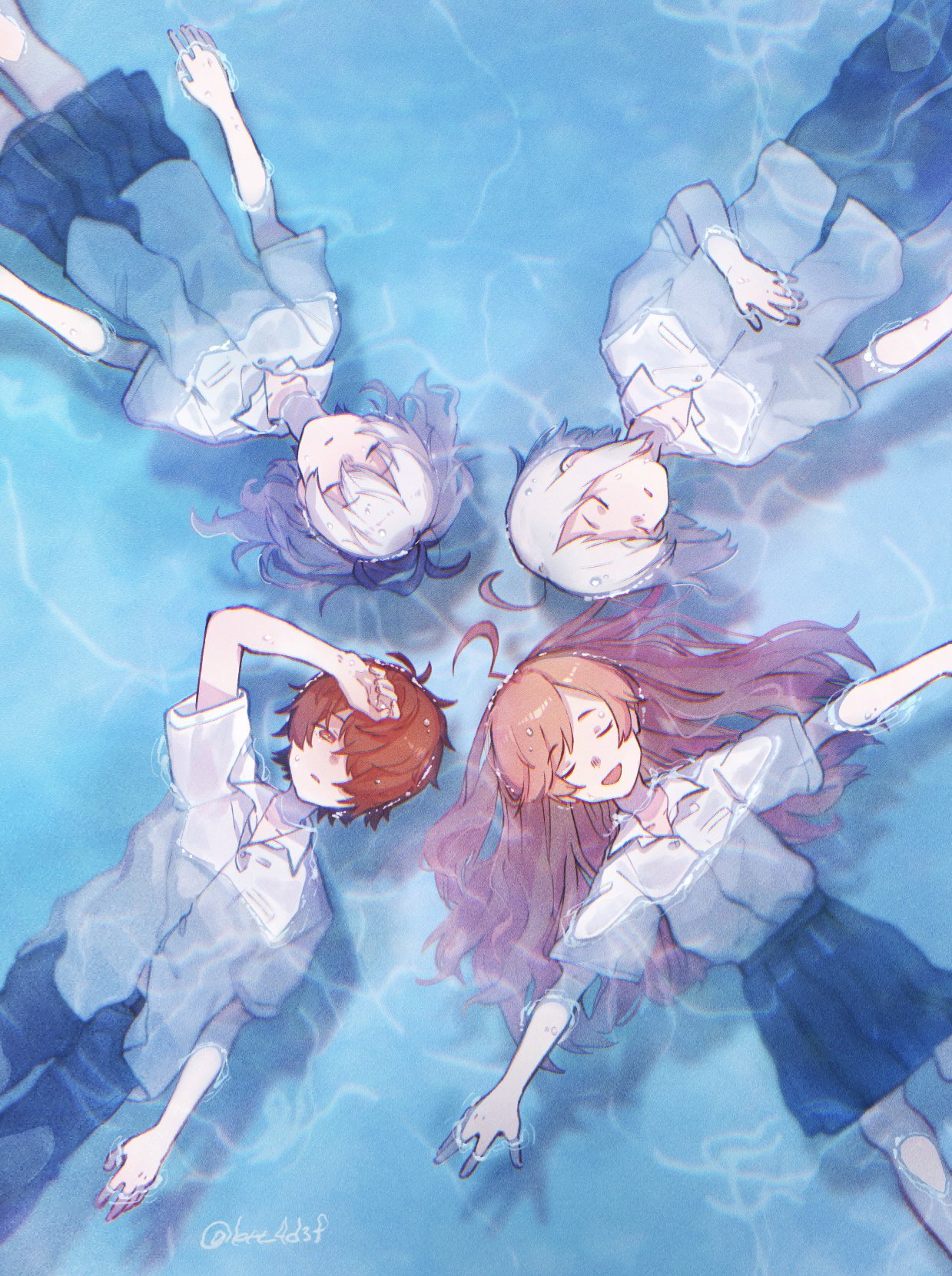 2boys 2girls ahoge black_skirt closed_eyes commentary flower_(vocaloid) flower_(vocaloid4) from_above fukase half-closed_eyes hand_on_own_head hand_on_own_stomach highres long_hair lying lying_on_water medium_hair mi_no_take miniskirt multicolored_hair multiple_boys multiple_girls on_back open_mouth outstretched_arms parted_lips partially_submerged pink_hair pleated_skirt purple_hair redhead school_uniform sf-a2_miki shadow shirt short_sleeves skirt smile streaked_hair symbol-only_commentary twitter_username utatane_piko very_long_hair vocaloid water white_hair white_shirt