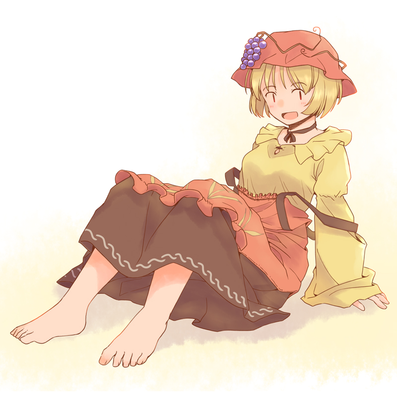1girl aki_minoriko apron arm_support barefoot black_skirt blonde_hair collared_shirt commentary frilled_skirt frills full_body grape_hat_ornament hat long_sleeves mob_cap open_mouth orange_apron orange_headwear rangycrow shirt short_hair sitting skirt solo suspenders toes touhou wide_sleeves yellow_shirt |_|