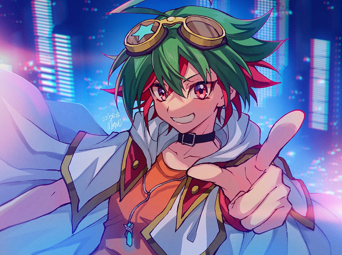 1boy bangs dyed_bangs goggles goggles_on_head green_hair grin hair_between_eyes jacket jacket_on_shoulders jewelry looking_at_viewer male_focus mikami_(mkm0v0) multicolored_hair open_clothes open_jacket pendant pointing pointing_at_viewer red_eyes redhead sakaki_yuuya short_hair smile solo two-tone_hair upper_body yu-gi-oh! yu-gi-oh!_arc-v