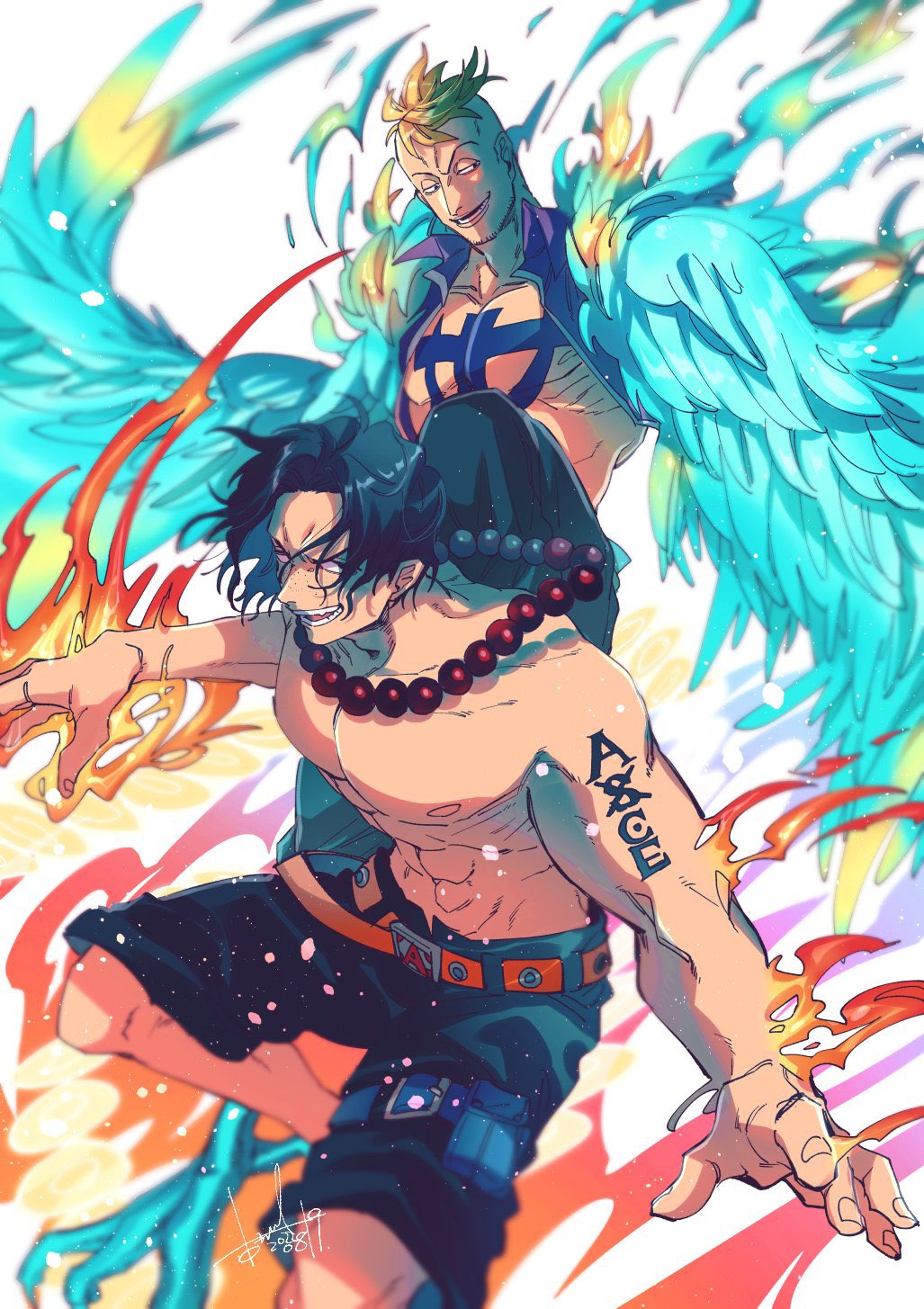 2boys aktrks01 arm_tattoo bangs bead_necklace beads black_hair black_shorts blonde_hair blue_fire blue_wings chest_tattoo feathered_wings fighting fire hands_up highres jewelry male_focus marco_(one_piece) multiple_boys necklace one_piece open_mouth parted_bangs portgas_d._ace short_hair shorts signature smile tattoo topless_male wings