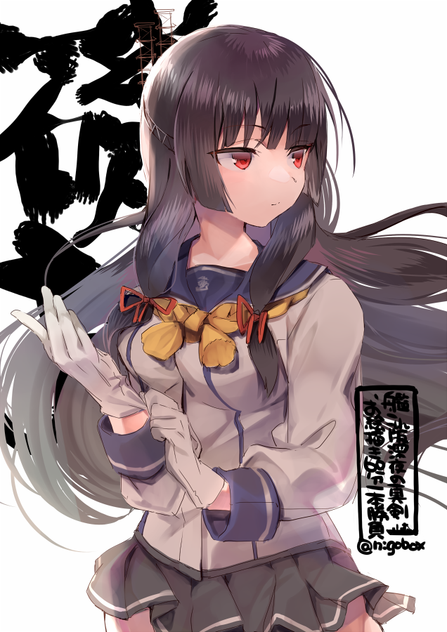 1girl black_hair character_name commentary_request cowboy_shot gloves grey_sailor_collar grey_skirt hair_ribbon isokaze_(kancolle) kantai_collection long_hair long_sleeves looking_to_the_side n:go neckerchief one-hour_drawing_challenge pleated_skirt red_eyes ribbon sailor_collar school_uniform serafuku simple_background skirt solo tress_ribbon twitter_username white_background white_gloves yellow_neckerchief
