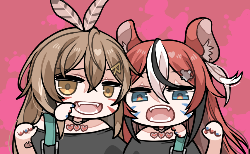 2girls ahoge animal_(vocaloid) animal_ears bare_shoulders black_hair blue_eyes brown_eyes brown_hair clipe facial_mark fangs feather_hair hair_ornament hairclip hakos_baelz heart hololive hololive_english long_hair looking_at_viewer mouse_ears mouse_hair_ornament multicolored_hair multiple_girls nail_polish nanashi_mumei off-shoulder_shirt off_shoulder open_mouth ponytail redhead shirt smile streaked_hair upper_body virtual_youtuber white_hair