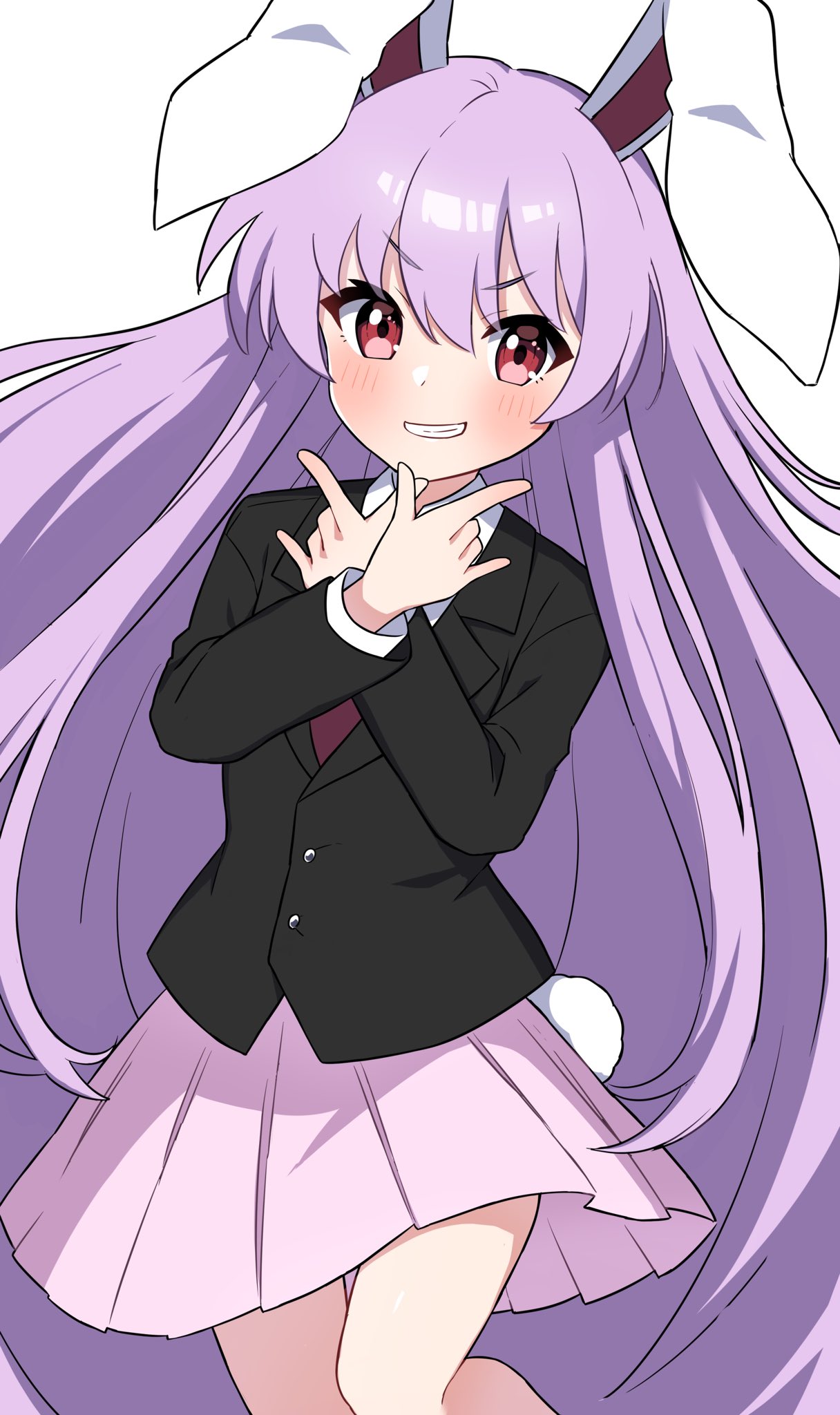 1girl animal_ears bangs black_jacket blush buttons closed_mouth collared_jacket collared_shirt commentary_request crossed_arms hair_between_eyes hands_up highres jacket long_hair long_sleeves looking_at_viewer miz_(mizillustration) necktie pink_skirt purple_hair rabbit_ears rabbit_tail red_eyes red_necktie reisen_udongein_inaba shirt simple_background skirt smile solo standing tail teeth touhou v-shaped_eyebrows very_long_hair white_background white_shirt