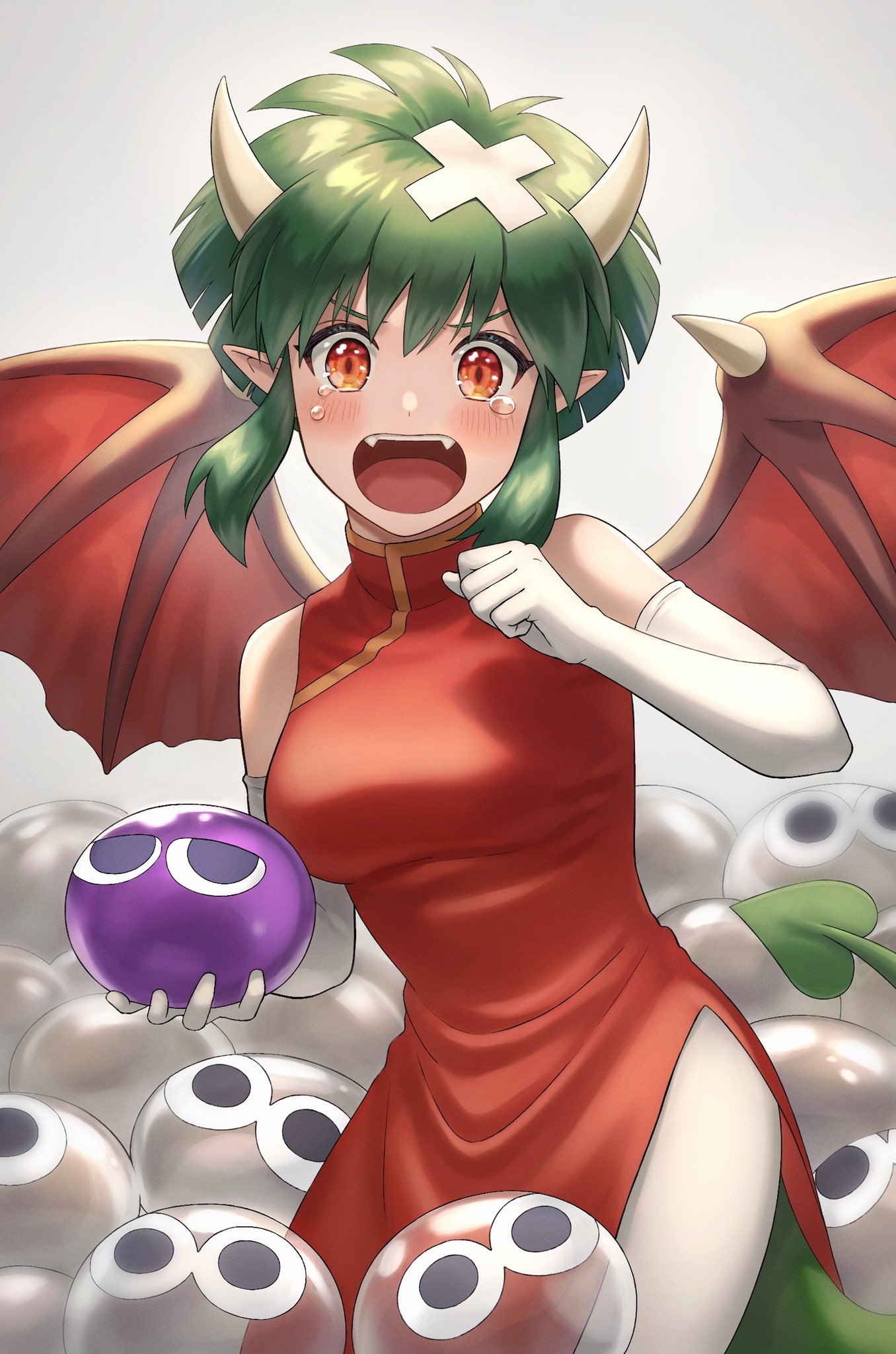 1girl bare_shoulders breasts china_dress chinese_clothes crying crying_with_eyes_open draco_centauros dragon_wings dress elbow_gloves fang gloves green_hair highres holding medium_breasts open_mouth pelvic_curtain pointy_ears puyopuyo red_dress red_eyes red_wings side_slit sidelocks sleeveless sleeveless_dress solo tears white_gloves wings yuko666