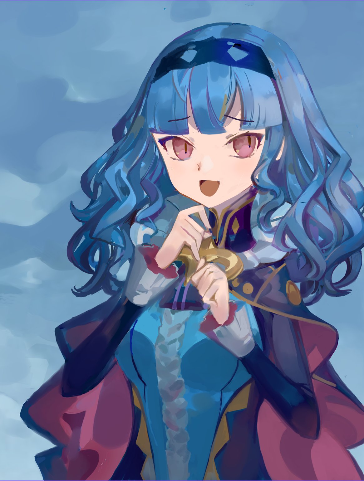 1girl bags_under_eyes blue_hair blush brown_eyes fire_emblem fire_emblem:_three_houses fire_emblem_warriors:_three_hopes highres long_hair long_sleeves looking_at_viewer marianne_von_edmund official_alternate_costume official_alternate_hairstyle open_mouth ruuu_ran_ran simple_background smile solo upper_body