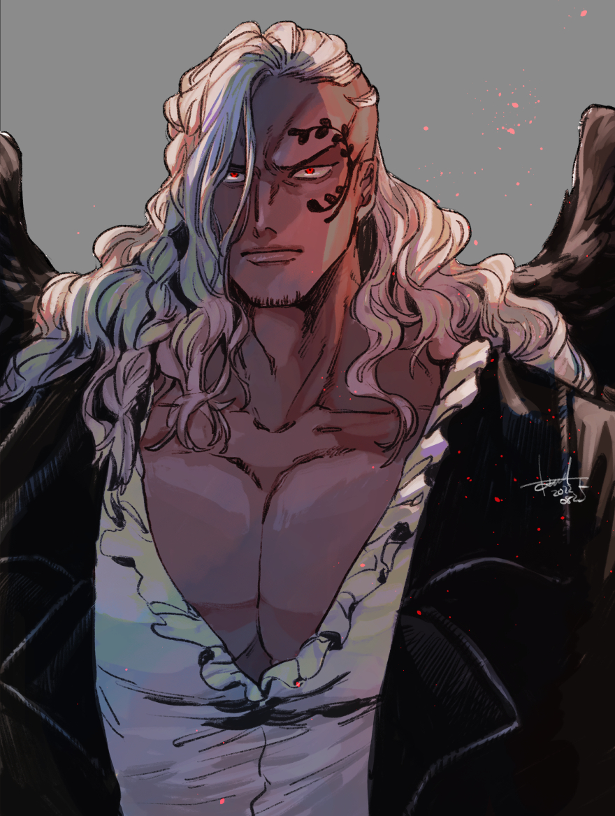 1boy aktrks01 closed_mouth curly_hair dark-skinned_male dark_skin facial_hair facial_tattoo formal frilled_shirt_collar frills king_(one_piece) long_hair male_focus one_piece pectorals red_eyes shirt signature simple_background solo tattoo white_hair white_shirt wings