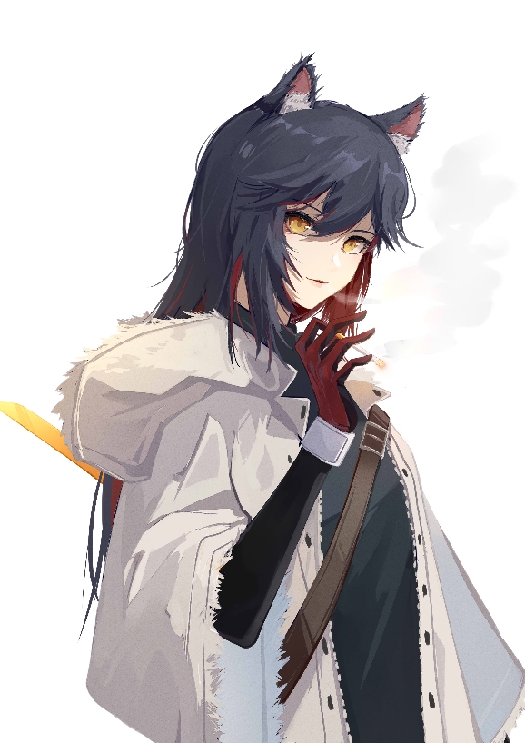 1girl animal_ear_fluff animal_ears arknights black_hair black_shirt chest_strap cigarette coat fur-trimmed_hood fur-trimmed_sleeves fur_trim gloves hair_between_eyes holding holding_cigarette hood hood_down hooded_coat huainian_guoqu long_hair long_sleeves looking_at_viewer official_alternate_costume open_clothes open_coat parted_lips red_gloves shirt sidelocks solo texas_(arknights) texas_(winter_messenger)_(arknights) upper_body winter_clothes winter_coat wolf_ears wolf_girl yellow_eyes