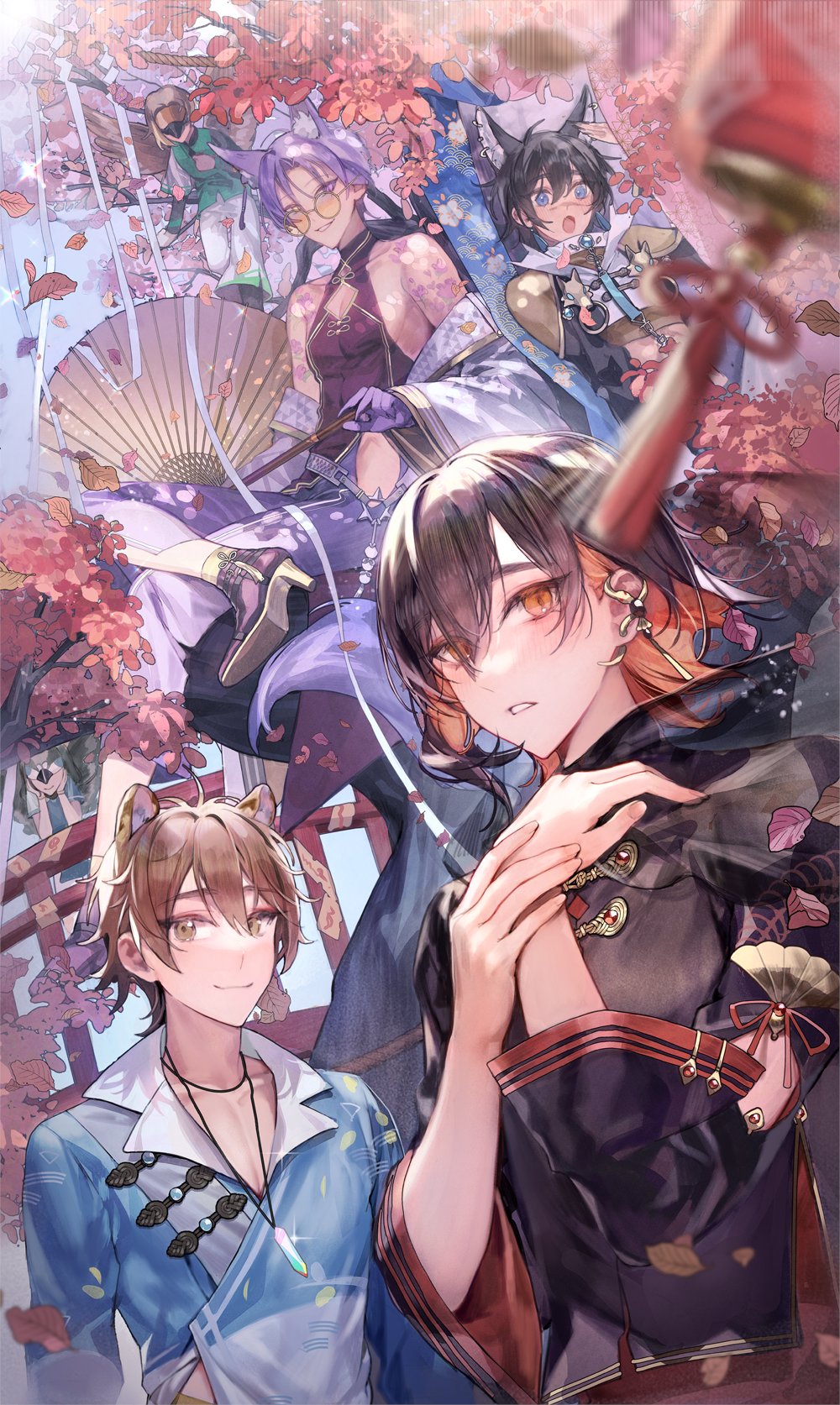 5boys animal_ears bare_shoulders black_hair blue_hair brown_hair cherry_blossoms colored_inner_hair earrings eiden_(nu_carnival) garu_(nu_carnival) glasses haori highres ihatedraw japanese_clothes jewelry kuya_(nu_carnival) looking_at_viewer multicolored_hair multiple_boys nu_carnival purple_hair red_eyes redhead slit_pupils tiger_ears two-tone_hair wolf_boy wolf_ears yakumo_(nu_carnival)