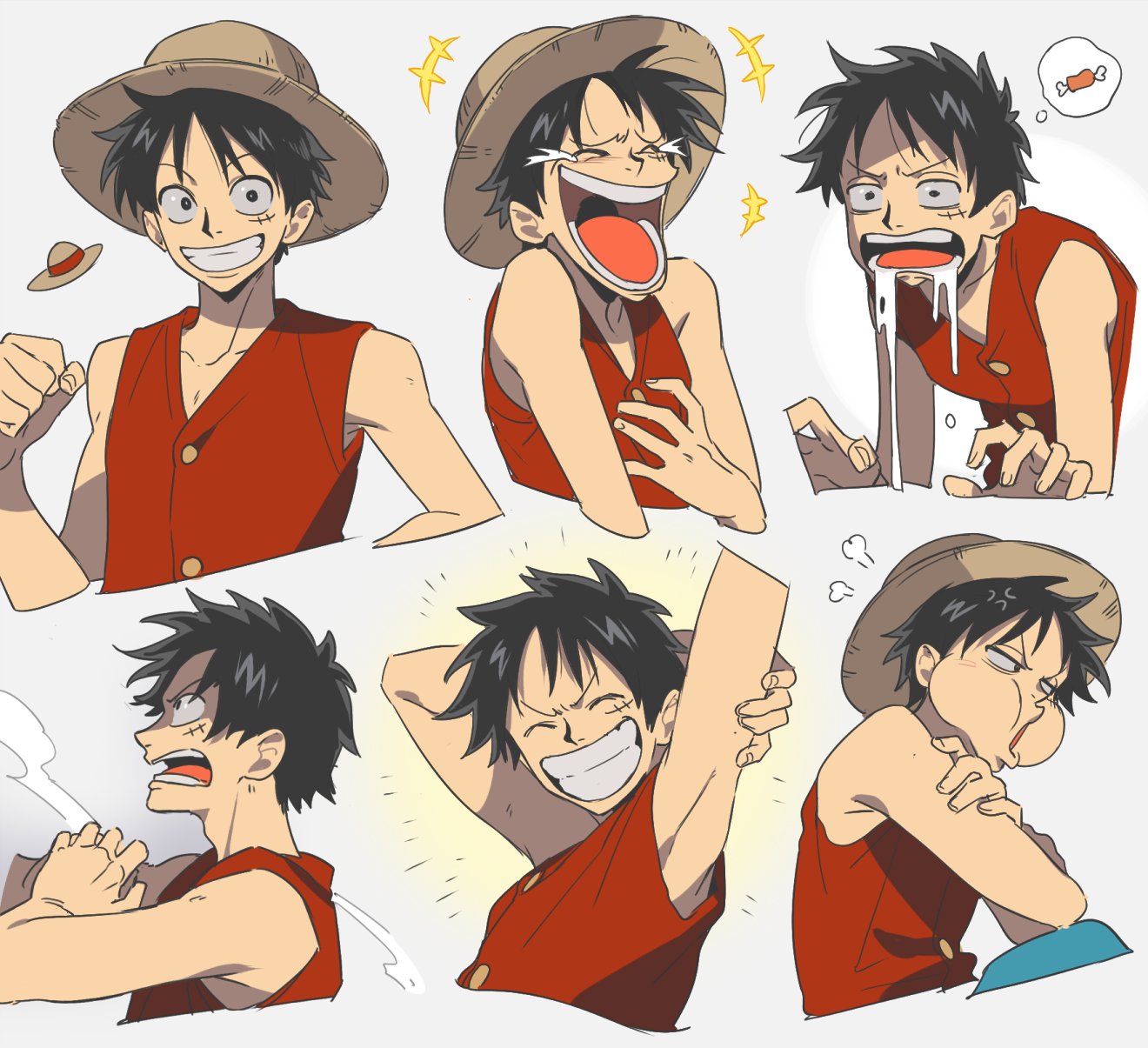 1boy :d ^_^ arms_up black_eyes black_hair boned_meat clenched_hands closed_eyes cracking_knuckles drooling expressions food from_side grin hat highres laughing male_focus meat monkey_d._luffy multiple_views one_piece pout qin_(7833198) red_shirt scar scar_on_face shirt simple_background sleeveless smile straw_hat thought_bubble
