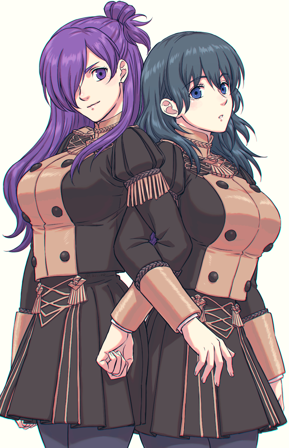 2girls artist_request bangs breasts byleth_(fire_emblem) fire_emblem fire_emblem:_three_houses fire_emblem_warriors:_three_hopes garreg_mach_monastery_uniform hair_bun hair_over_one_eye highres large_breasts long_hair looking_at_viewer medium_hair multiple_girls pantyhose purple_hair shez_(fire_emblem) shez_(fire_emblem)_(female) simple_background single_hair_bun smile violet_eyes