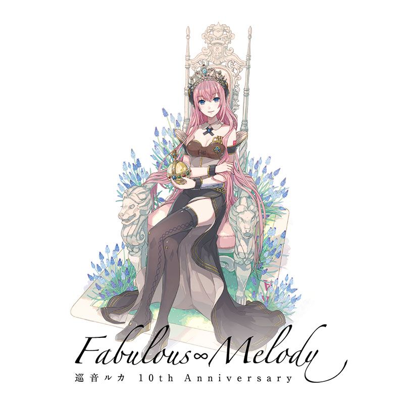 1girl album_cover anniversary bangs black_footwear black_skirt black_thighhighs blue_eyes blue_flower character_name closed_mouth cover crossed_legs crown detached_collar english_text flower from_above globus_cruciger hair_spread_out ixima long_hair long_skirt looking_at_viewer megurine_luka megurine_luka_(vocaloid4) official_art on_chair pink_hair second-party_source shirt shoes simple_background sitting skirt smile solo strapless strapless_shirt thigh-highs throne very_long_hair vocaloid white_background wrist_cuffs
