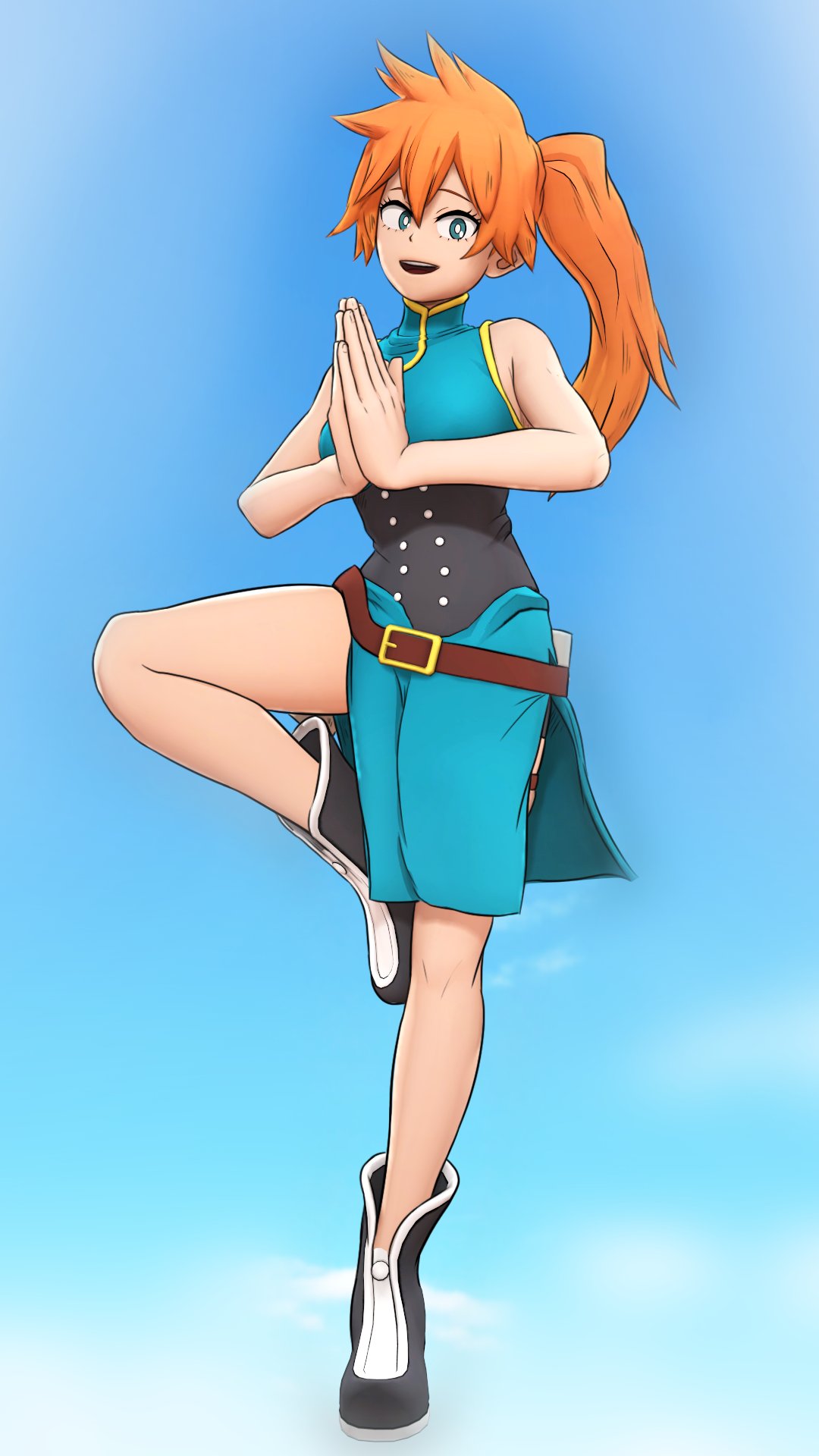 1girl :d black_footwear blue_background blue_dress blue_eyes boku_no_hero_academia boots bright_pupils china_dress chinese_clothes commentary corset dress english_commentary full_body greatm8 highres kendou_itsuka long_hair looking_at_viewer orange_hair own_hands_together palms_together photoshop_(medium) shorts_under_dress side_ponytail simple_background sleeveless sleeveless_dress smile solo source_filmmaker_(medium) standing standing_on_one_leg teeth upper_teeth white_pupils