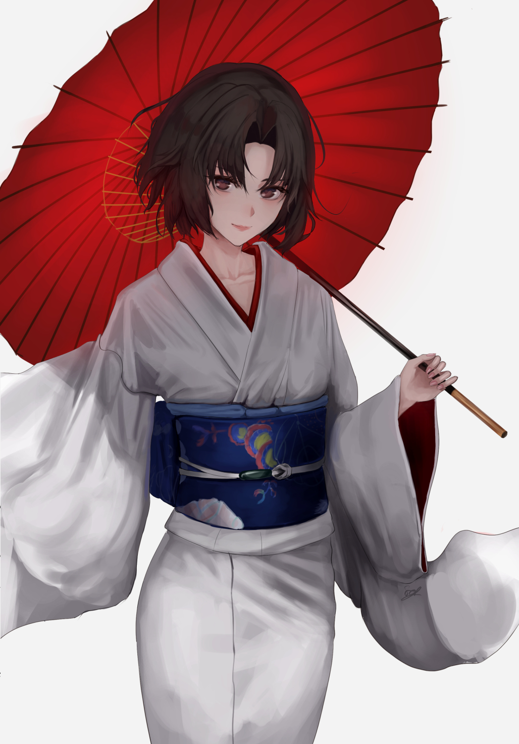 1girl bangs black_hair brown_eyes closed_mouth collarbone grey_background highres holding holding_umbrella japanese_clothes kara_no_kyoukai kimono looking_at_viewer obi obiage obijime oil-paper_umbrella red_umbrella ryougi_shiki sash senz short_hair simple_background smile solo umbrella upper_body white_kimono wide_sleeves