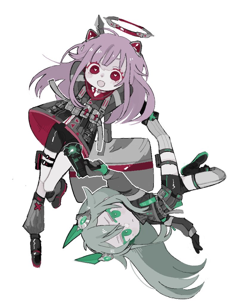 2girls :d alternate_eye_color animal_ears bike_shorts black_dress black_footwear black_jacket black_shorts blush boots cat_ears chibi commentary dress fake_facial_hair green_eyes green_hair grey_leg_warmers gun hammer heart heart-shaped_pupils holding holding_gun holding_hammer holding_weapon jacket kusanagi_nene leg_warmers long_hair long_sleeves mechanical_ears mechanical_halo multiple_girls ootori_emu open_mouth pink_eyes pink_hair pouch project_sekai rabbit_ears shorts simple_background smile symbol-shaped_pupils tactical_clothes upside-down very_long_hair weapon white_background