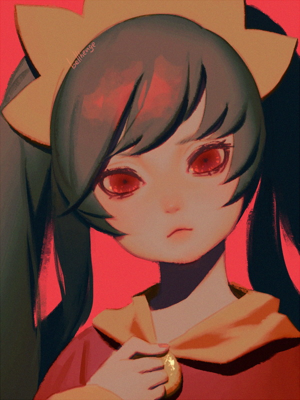 1girl ashley_(warioware) bellhenge black_hair dress frown long_hair looking_at_viewer neckerchief orange_neckerchief red_background red_dress red_eyes twintails warioware