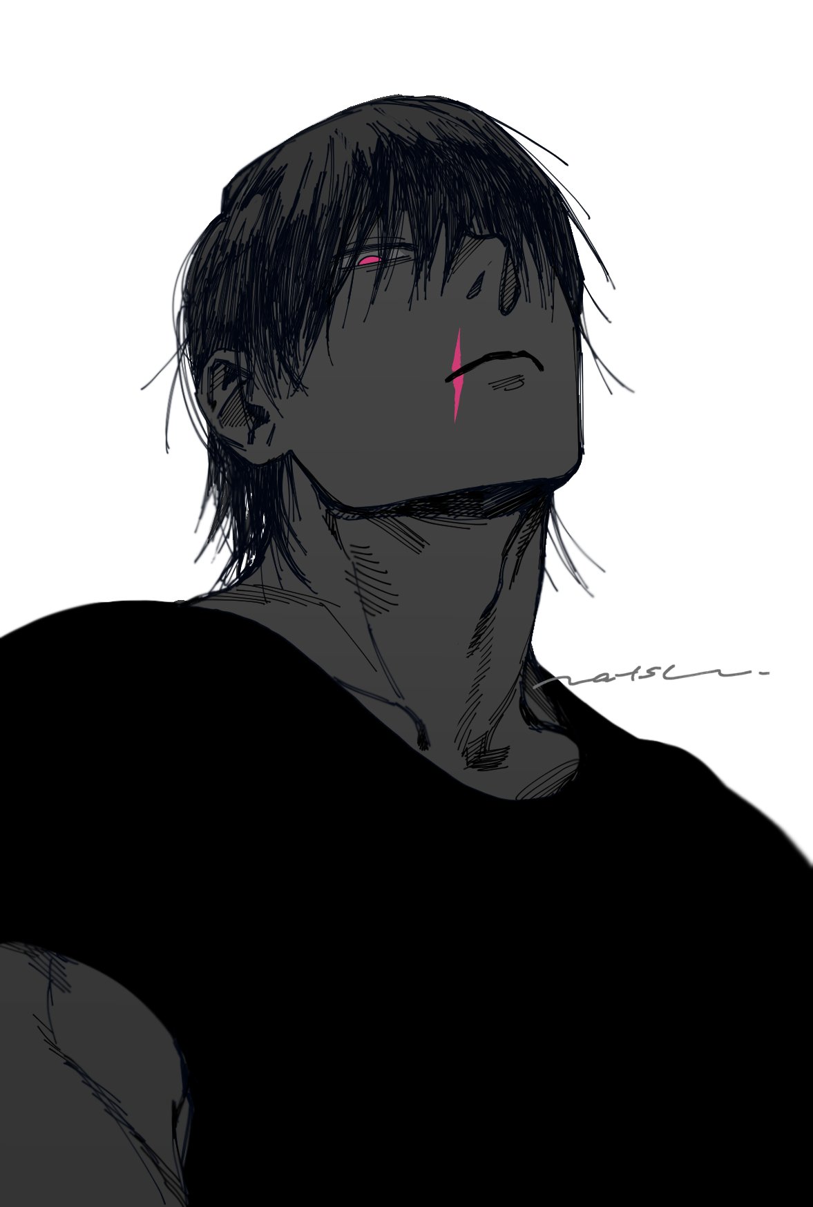 1boy artist_name black_hair black_shirt closed_mouth fushiguro_megumi highres jujutsu_kaisen looking_at_viewer male_focus monochrome muscular muscular_male natsu_(rodysanp) pink_eyes scar scar_on_face scar_on_mouth shirt short_hair short_sleeves signature simple_background solo spot_color upper_body white_background