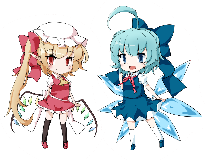 2girls ahoge ascot black_thighhighs blonde_hair blue_bow blue_eyes blue_footwear blue_hair blue_skirt blue_vest bow cirno closed_mouth crystal flandre_scarlet full_body hair_bow hat ice ice_wings jyaoh0731 looking_at_viewer mob_cap multiple_girls one_side_up open_mouth pointy_ears red_eyes red_footwear red_skirt red_vest shirt short_sleeves simple_background skirt smile thigh-highs touhou vest white_background white_headwear white_shirt white_thighhighs wings yellow_ascot