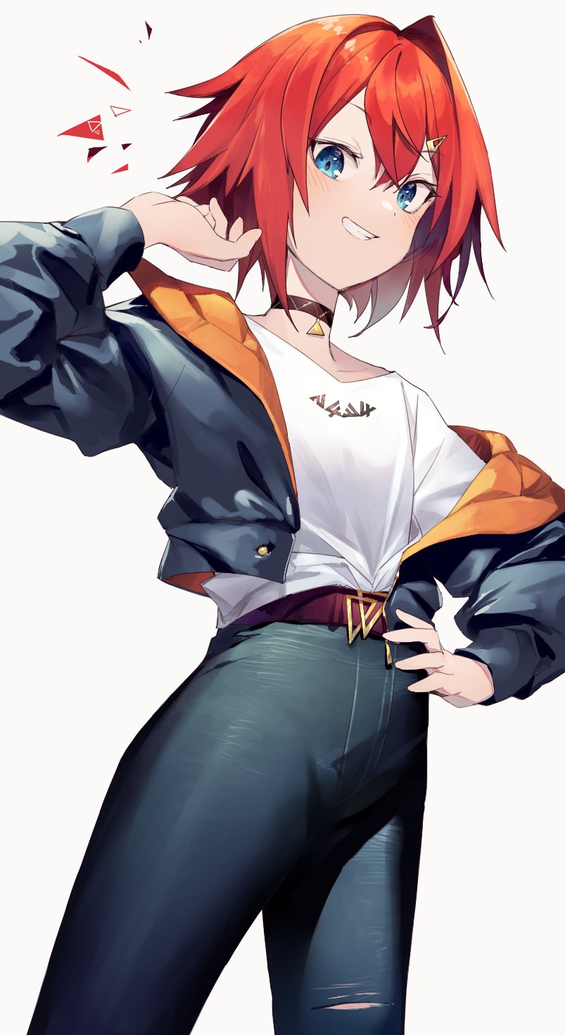 1girl ange_katrina bangs belt blue_eyes blue_jacket blue_pants brown_belt brown_choker choker grin hair_between_eyes hair_ornament hairclip hand_on_hip highres jacket looking_at_viewer nijisanji open_clothes open_jacket pants redhead shirt simple_background single_hair_intake smile solo sukuna136 torn_clothes torn_pants virtual_youtuber white_background white_shirt