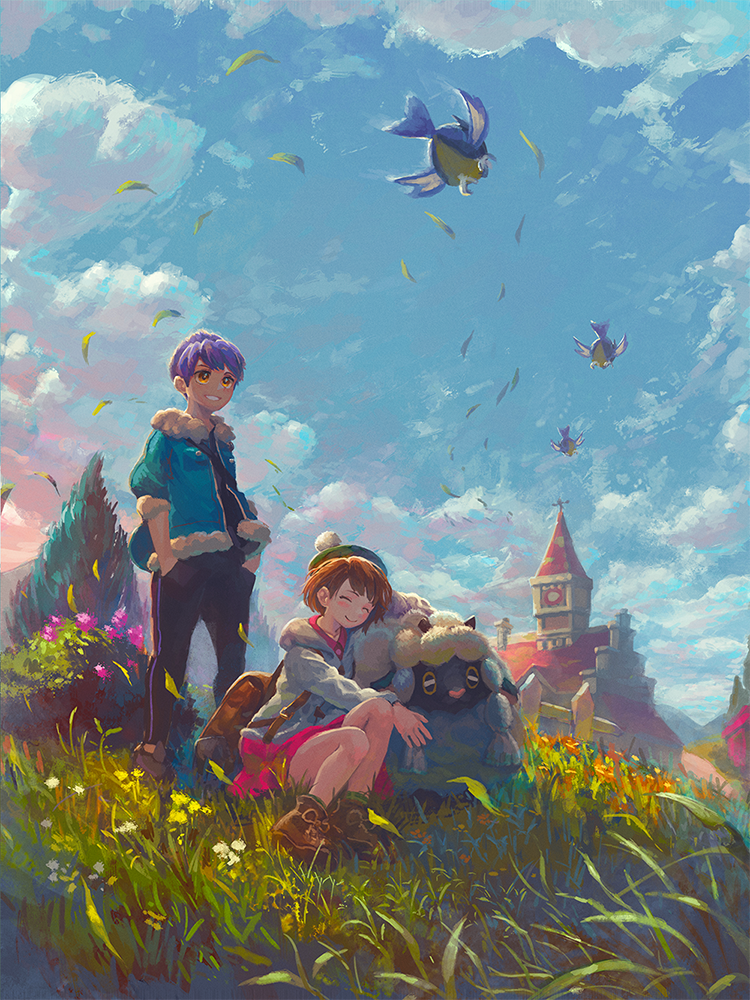 1boy 1girl backpack bag bangs black_pants blue_jacket blue_sky brown_bag brown_hair building cable_knit cardigan closed_mouth clouds collared_dress dress falling_leaves fence flower flying fur-trimmed_jacket fur_trim gloria_(pokemon) grass green_headwear grey_cardigan hands_in_pockets hat hooded_cardigan hop_(pokemon) hug jacket leaf looking_up on_ground outdoors pants parted_lips pink_dress pokemon pokemon_(creature) pokemon_(game) pokemon_swsh purple_hair rookidee short_hair sitting sky smile tam_o'_shanter tree usagino_suzu wooden_fence wooloo