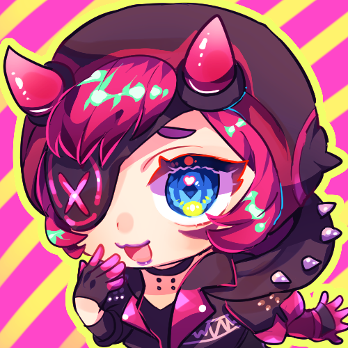 1girl :3 animification apex_legends bangs black_choker black_gloves black_headwear black_jacket chano_(22chano_death) chibi choker cyber_punked_wattson eyepatch gloves hood hooded_jacket horns jacket lowres official_alternate_costume one_eye_covered open_mouth portrait purple_lips smile solo wattson_(apex_legends)