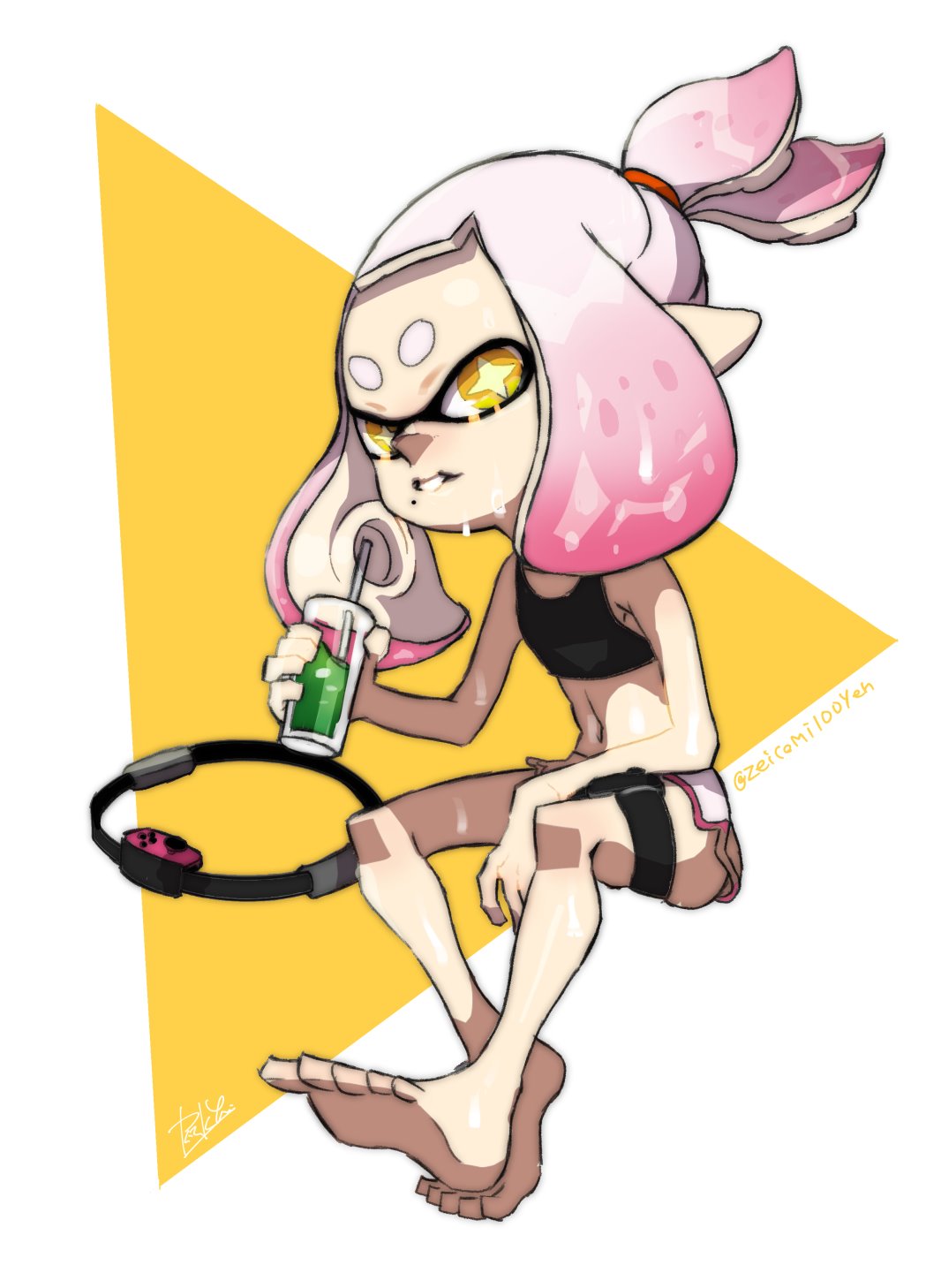 1girl alternate_costume alternate_hairstyle bare_arms bare_legs bare_shoulders barefoot black_sports_bra cross-shaped_pupils cup drink drinking_straw flat_chest full_body highres holding holding_cup holding_drink isamu-ki_(yuuki) joy-con long_hair mole mole_under_mouth navel pearl_(splatoon) pink_hair pointy_ears ring-con ring_fit_adventure sitting solo splatoon_(series) sports_bra suction_cups sweat tentacle_hair topknot twitter_username yellow_eyes